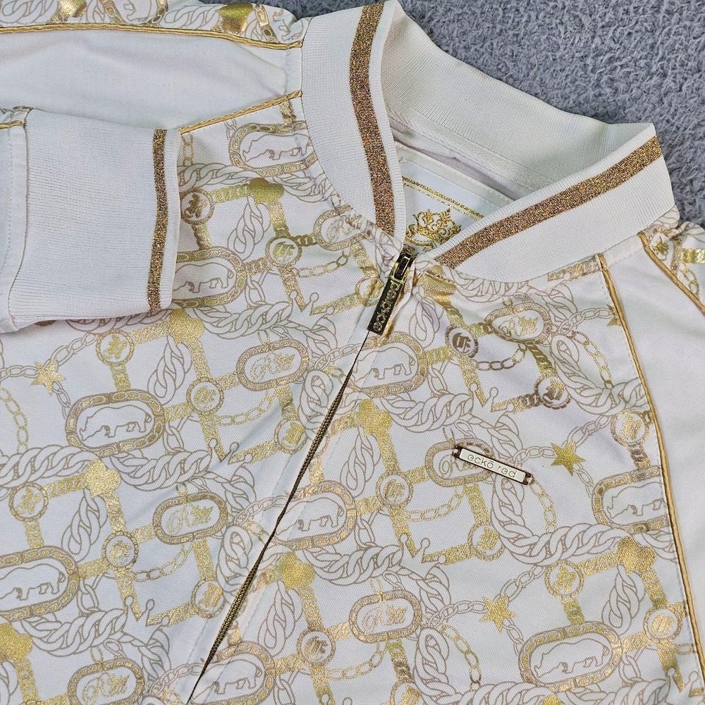 Ecko Red Track Jacket Womens Large White Gold Metallic Print Chains Full Zip